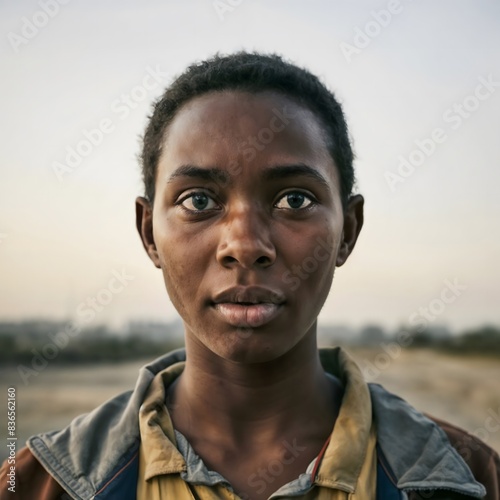 African-American refugee girl looking at camera standing next to ruins of her house. portrait of a person
