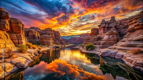 Vibrant colors of a canyon sunset reflecting on the rugged rock formations , southwest, scenic, landscape, nature, desert, colorful, sky, dusk, evening, mountain, horizon, beauty, remote