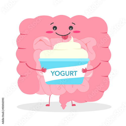 Cute healthy intestine eating yogurt cartoon character in flat design on white background.