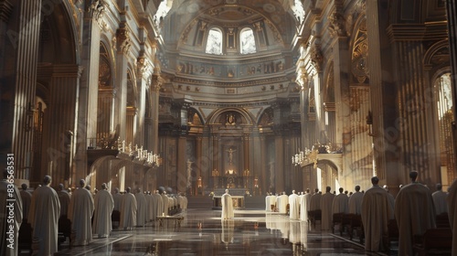 In a large church with a high ceiling and marble floor, many people in white robes stand in rows, facing the altar.