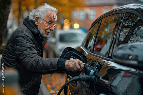 Senior Man Plugging Electric Car Outdoors During Autumn Day