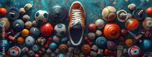 Colorful Array of Diverse Sports Equipment and Sneakers on Vibrant Background