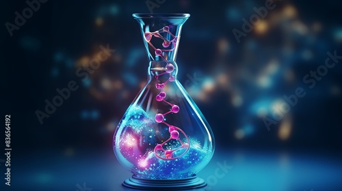 Scientific Research Concept with Laboratory Flask, Molecules, and DNA in 3D Illustration