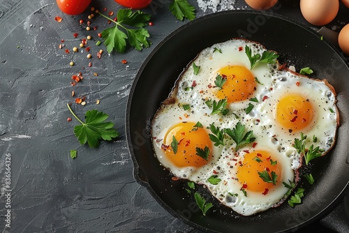Delicious Fried Eggs in a Cast Iron Skillet with Fresh Parsley and Spices on Rustic Background photo