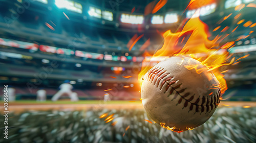 A close-up of a flying baseball trailing flames on a baseball field