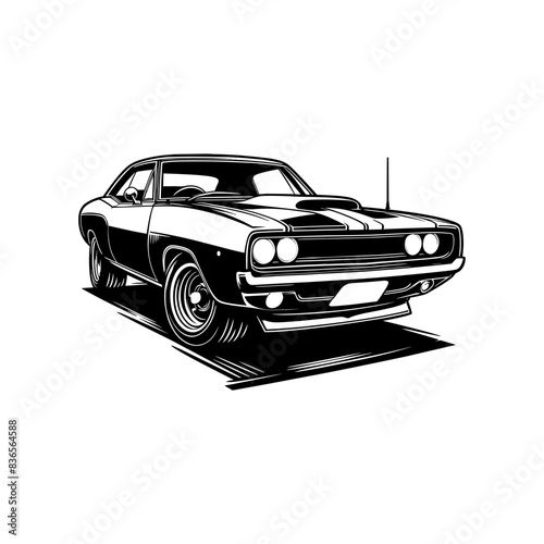 vintage muscle car illustration! This beautifully crafted artwork features a classic American muscle car in all its glory, with bold lines, sleek curves, and a powerful engine. Download now