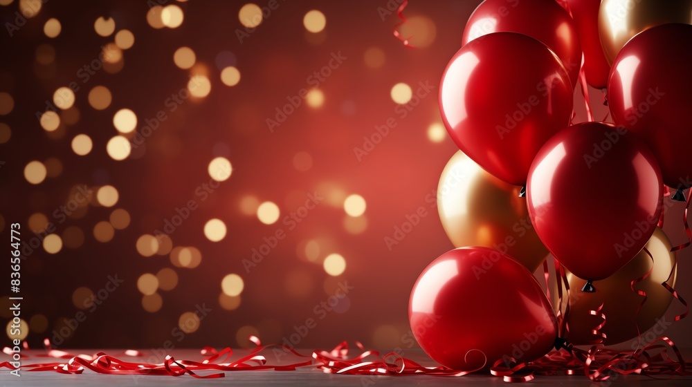 Red and gold balloons with confetti on a golden background. Red and gold balloons with confetti on a golden background.