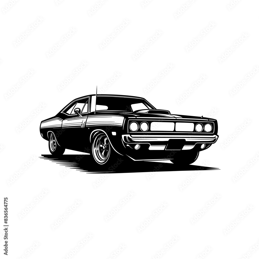 Naklejka premium vintage muscle car illustration! This beautifully crafted artwork features a classic American muscle car in all its glory, with bold lines, sleek curves, and a powerful engine. Download now