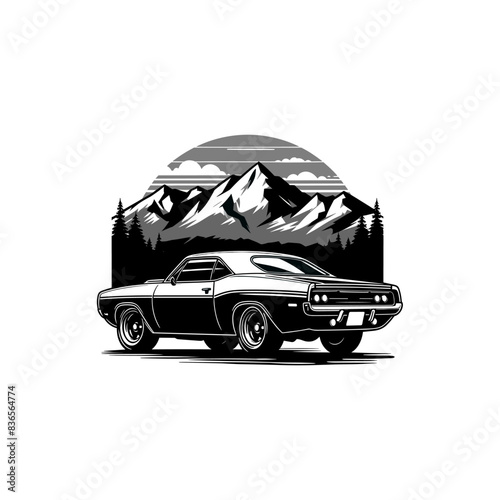 vintage muscle car illustration! This beautifully crafted artwork features a classic American muscle car in all its glory, with bold lines, sleek curves, and a powerful engine. Download now