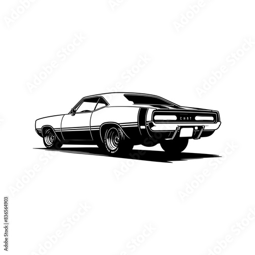 vintage muscle car illustration! This beautifully crafted artwork features a classic American muscle car in all its glory, with bold lines, sleek curves, and a powerful engine. Download now