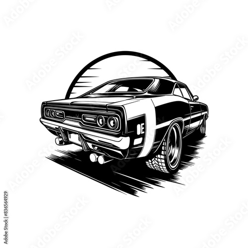 vintage muscle car illustration! This beautifully crafted artwork features a classic American muscle car in all its glory, with bold lines, sleek curves, and a powerful engine. Download now