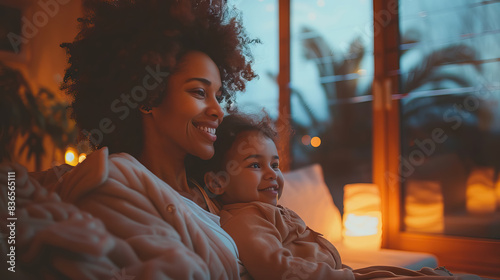 black mother and her baby sitting on sofa in living room at night, large window behind, mother and daughter laughing and talking, looking very happy with copy space.