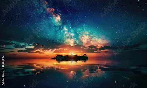 Starry sky over the lake with reflection of sunset and island in silhouette. Dark night sky full of stars  Milky Way and clouds