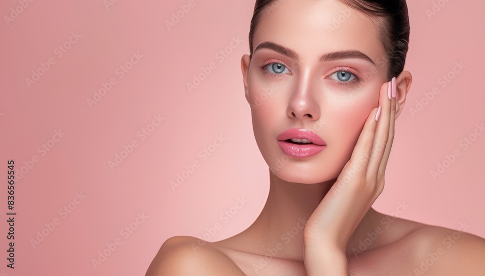Beautiful Woman with Perfect Skin on Pink Background.