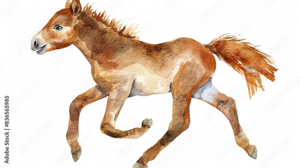 Watercolor painting of a playful young foal with a brown coat in mid-gallop. Vibrant and detailed depiction on a white background. Watercolor painting of a playful young foal with a brown coat in mid-gallop. Vibrant and detailed depiction on a white background.