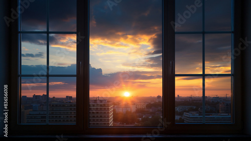 Beautiful sunset view over a cityscape, framed through a window, with dramatic clouds and orange hues.