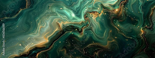Abstract Green and Gold Marble Swirls with Glitter