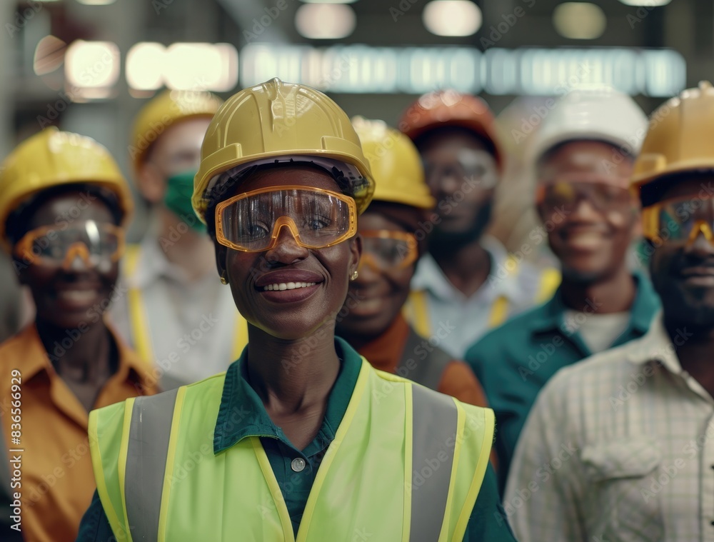 Obraz premium Smiling Black Woman Construction Worker in Yellow Hardhat and Safety Glasses