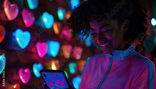 Woman using smartphone in neon heart lights