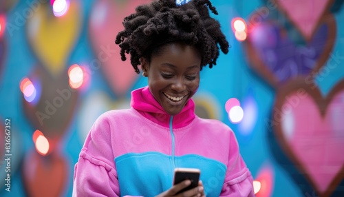 Happy Young Woman Using Phone In Front Of Colorful Wall