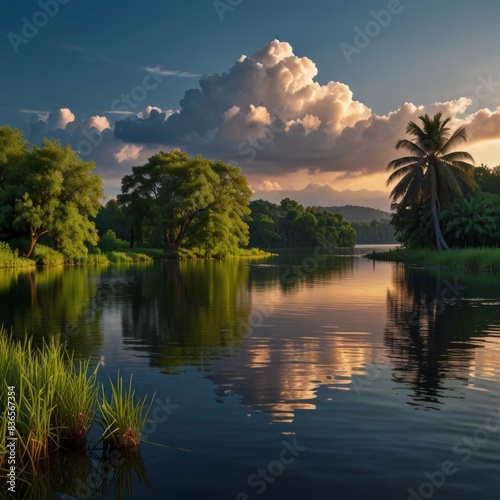 a picture of a lake with a palm tree and clouds in the background.