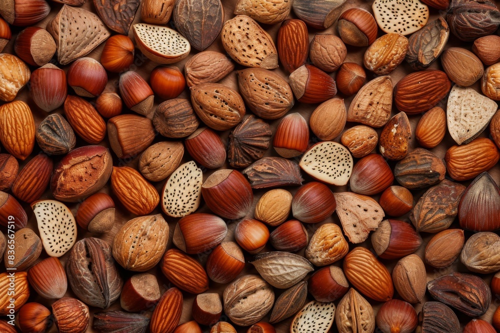 Nuts are mixed together in a pile on a table, food background Nuts are mixed together in a pile on a table, food background