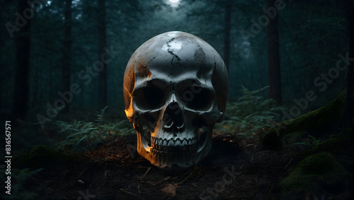 A spooky skull in nature illuminated by concept of halloween