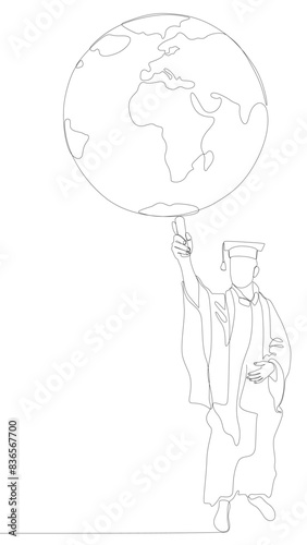 One continuous line of Graduati man with Earth Globe. Thin Line Illustration vector concept. Contour Drawing Creative ideas.