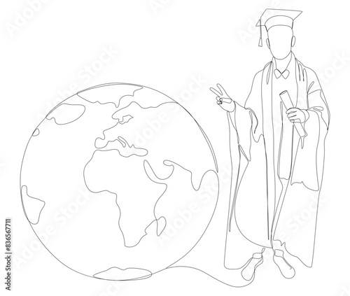 One continuous line of Graduati man with Earth Globe. Thin Line Illustration vector concept. Contour Drawing Creative ideas.