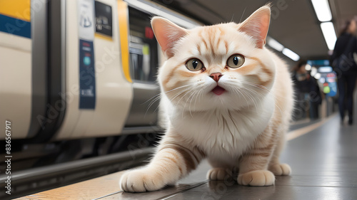 un chat mignon qui se tient sur ses deux pattes qui prend le métro quand un style moderne, réaliste, photo