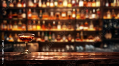 Black bar counter with cocktail in a traditional glass on blurred background. AI generated
