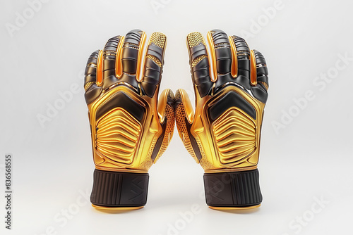 Golden and black goalkeeper gloves with reinforced padding offer superior grip and protection during intense soccer matches. Ideal for all levels, set against a white background.