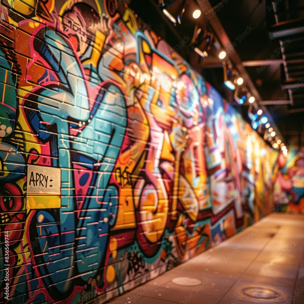 Fototapeta premium A dark alley with light, graffiti on wall