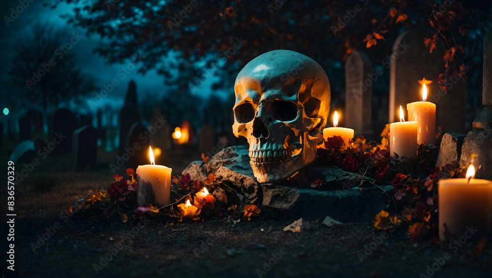 A spooky skull in nature illuminated by concept of halloween A spooky skull in nature illuminated by concept of halloween