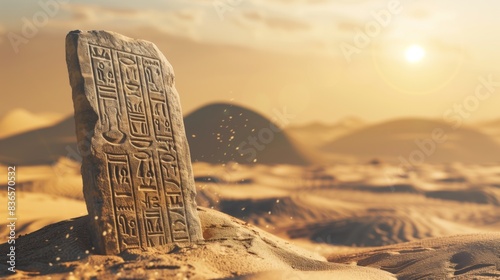 太陽の下で砂に埋もれた古代の文字が刻まれた石板
 photo