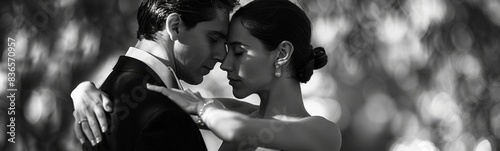 Bride and groom embracing in black and white photo, tango dance background photo