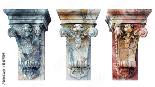 Three pillars with different colors and designs on a transparent background.