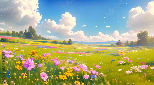 Meadow with Wildflowers Landscape Animation. Colorful Wildflowers, Bright Blue Sky, and Vibrant. Animated Dynamic Scene Style. photo
