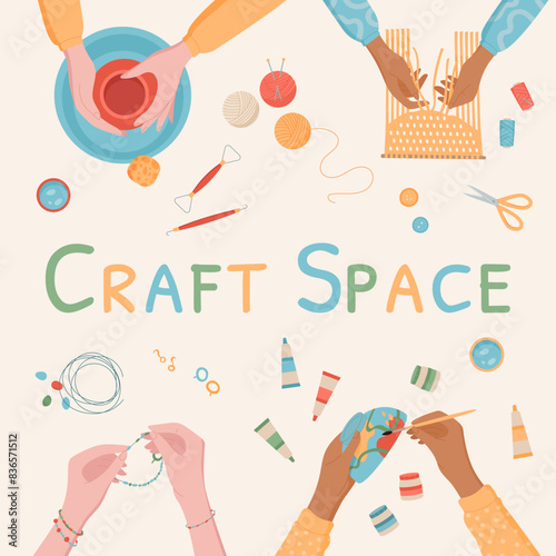 Cartoon handicraft DIY hobby workshop banner, top view colorful hands make pottery art class concept, children handmade painting activity background, creative craftwork group illustration,