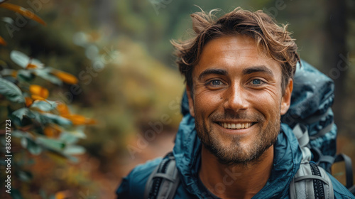 Smiling adult man with backpack in a forest