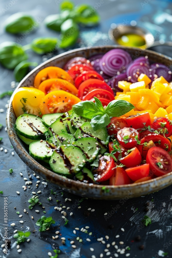 Fresh Vegetable vibrant Salad Bowl on a dark background.
Fresh Vegetable vibrant Salad Bowl on a dark background.