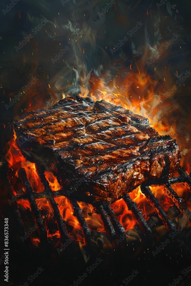 Close-up of a perfectly grilled steak, seasoned with herbs and sizzling over an open flame on the grill.
Close-up of a perfectly grilled steak, seasoned with herbs and sizzling over an open flame on the grill.