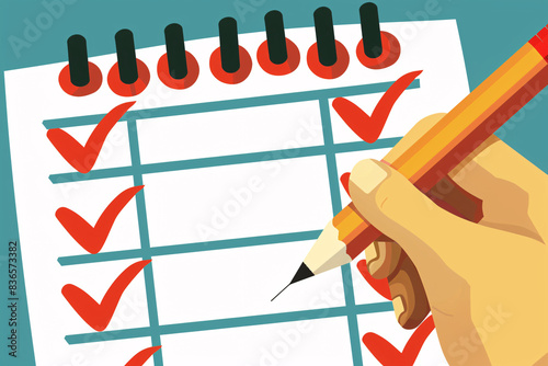 Hand checking off items on a to-do list with a pencil, highlighting completed tasks on a spiral notebook, symbolizing productivity and organization.