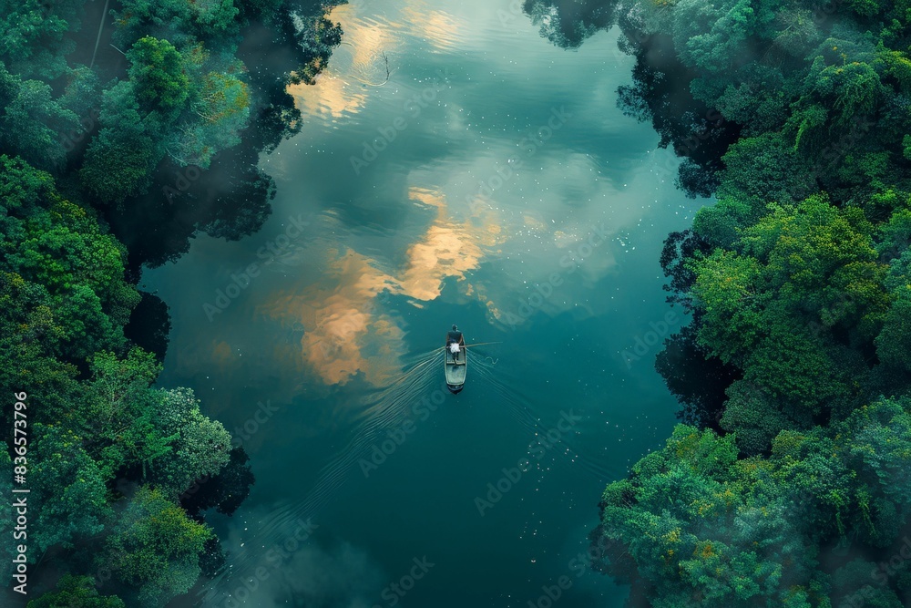 Fototapeta premium A lone boat glides through a serene, forested river at dawn, surrounded by lush greenery and reflecting skies. 