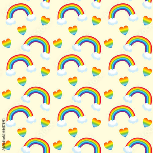 seamless  pattern with cute . Lgbt colors rainbow ,clouds and rainbow hearth for Pride Month on cream color background.
