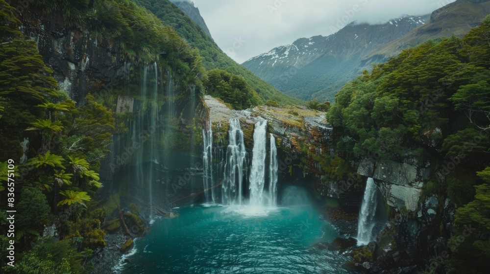 Fototapeta premium Majestic glacier waterfall, turquoise pool, lush vegetation, rugged cliffs. Cascading waterfall with crystal clear water, dramatic landscape.