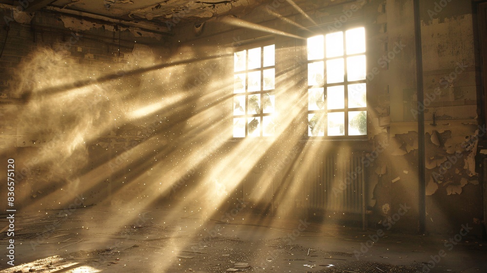 An image of dust particles in a sunbeam inside an abandoned building An image of dust particles in a sunbeam inside an abandoned building