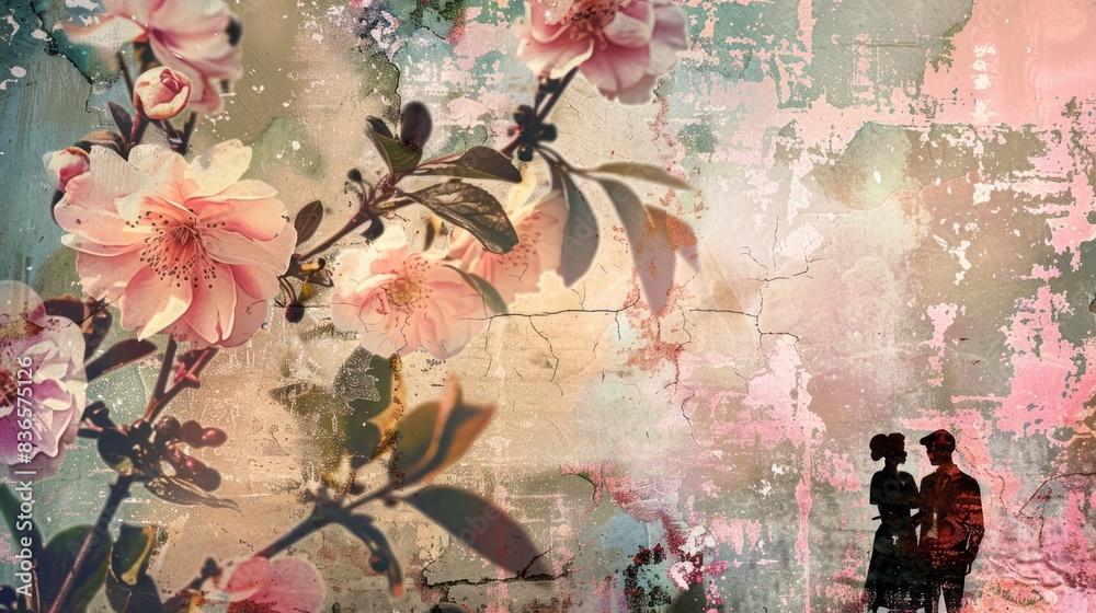 Old worn paper background with classic vintage rose flowers plant botanical decoration.