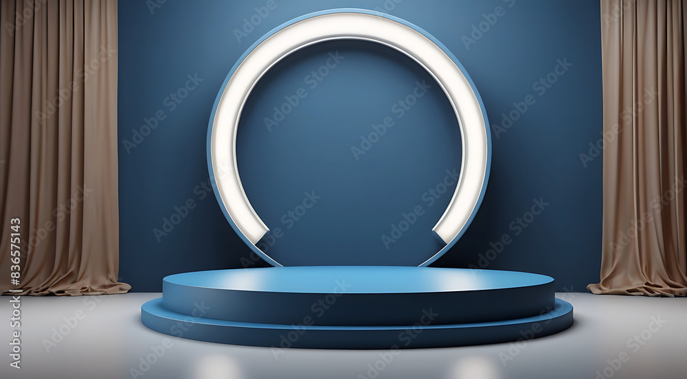 A Circular Podium background with blue theme 3d studio stage pedestal light. plain and simple background product podium platform display minimal space A Circular Podium background with blue theme 3d studio stage pedestal light. plain and simple background product podium platform display minimal space