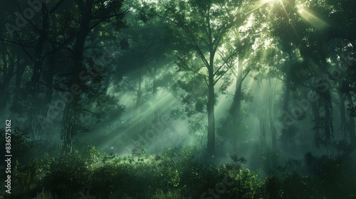 Misty forest sunrise, sunlight through fog, landscape photography. Eerie and atmospheric forest scene, mystical morning light. © UMPH.CREATIVE